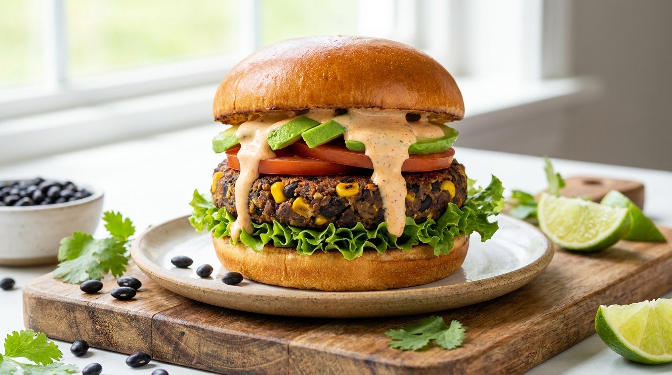 Black Bean Burger prepared and served