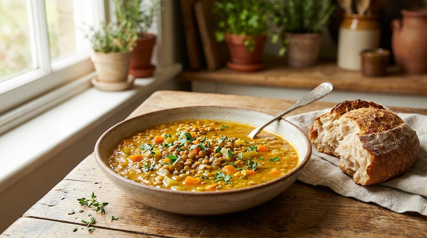 Lentil Soup prepared and served
