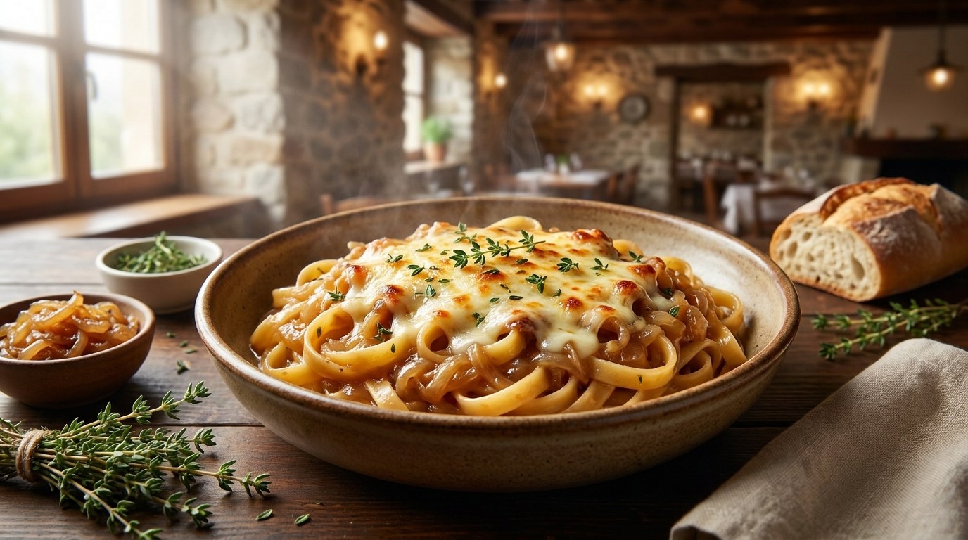 French Onion Pasta prepared and served