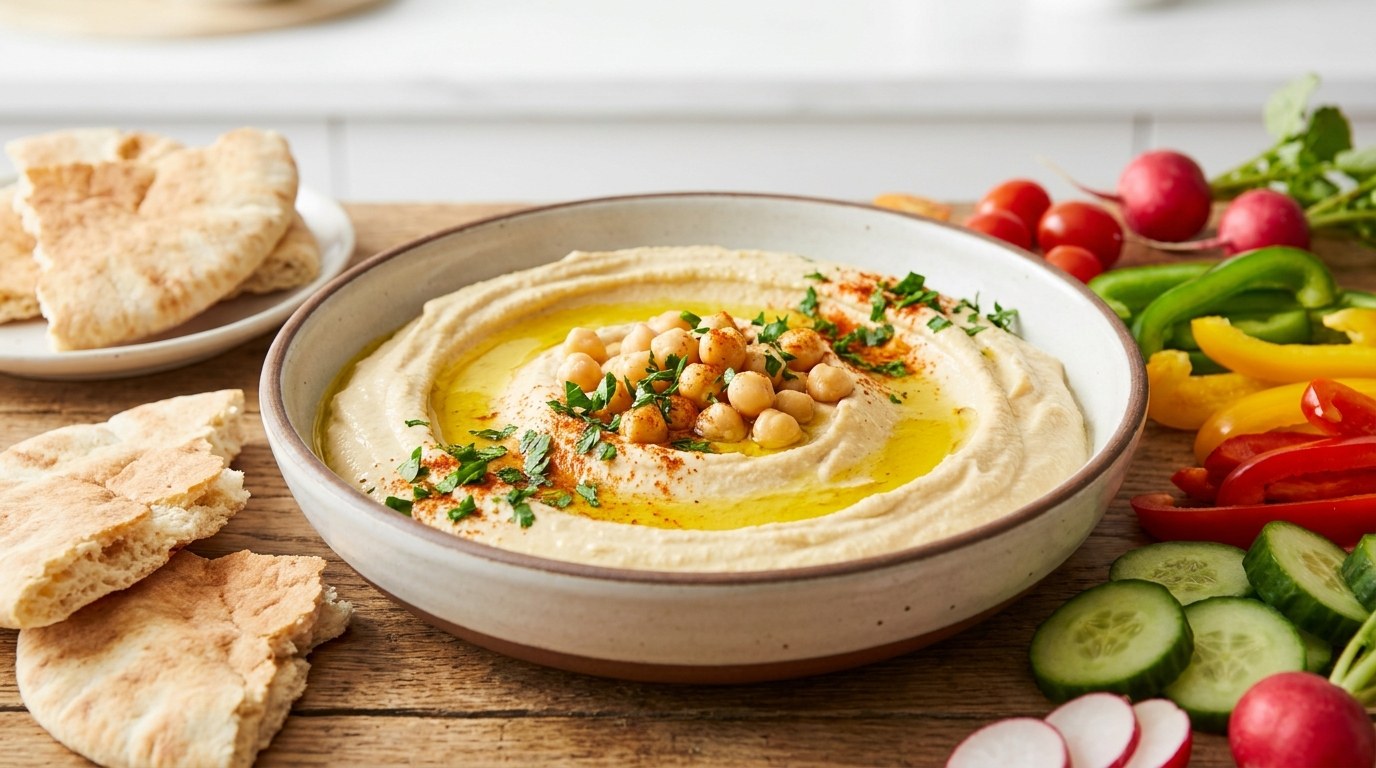 Hummus prepared and served
